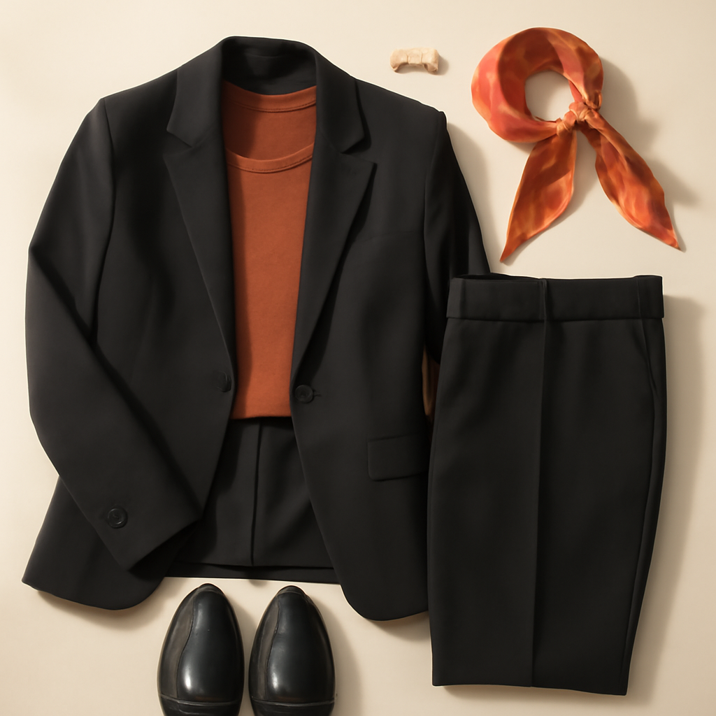Office-friendly Halloween outfit: black blazer over a rust orange knit with black trousers, loafers and bat earrings