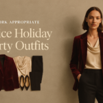 Elegant woman in a burgundy velvet blazer and champagne satin blouse for an office holiday party