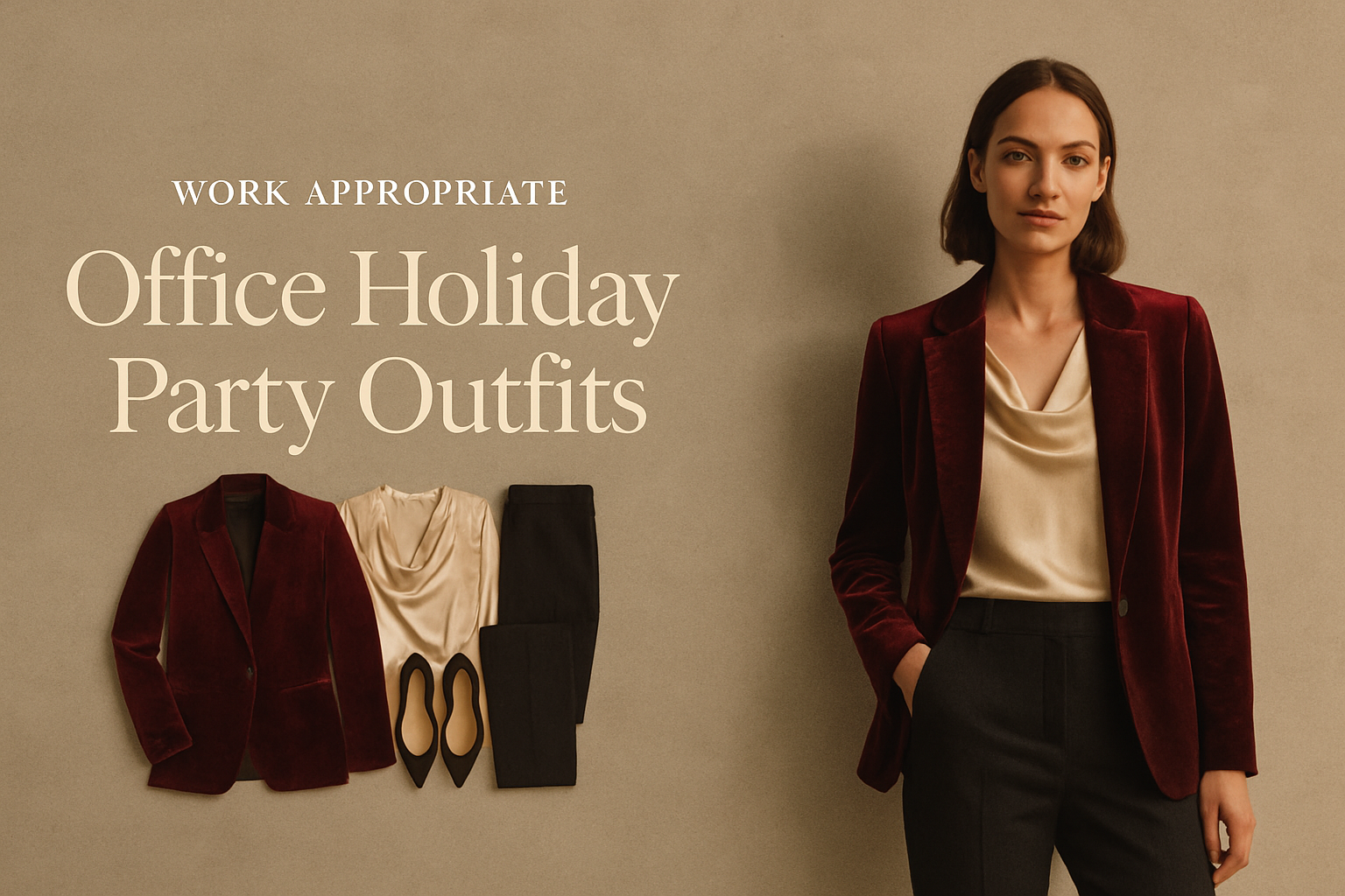 Elegant woman in a burgundy velvet blazer and champagne satin blouse for an office holiday party
