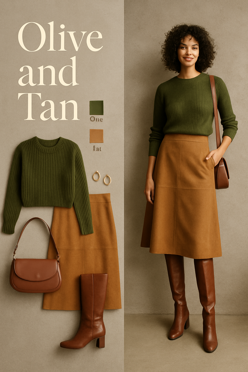 Olive and tan family photo outfit: olive sweater with tan suede midi skirt and brown knee-high boots
