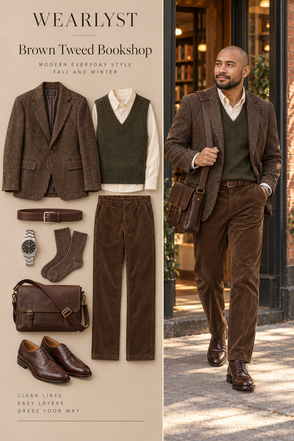 Brown Tweed Bookshop outfit for men over 50