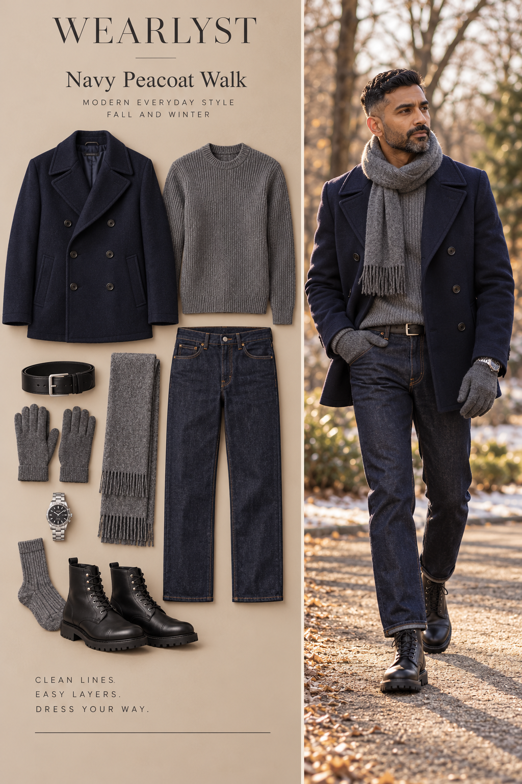 Navy Peacoat Walk outfit for men over 50