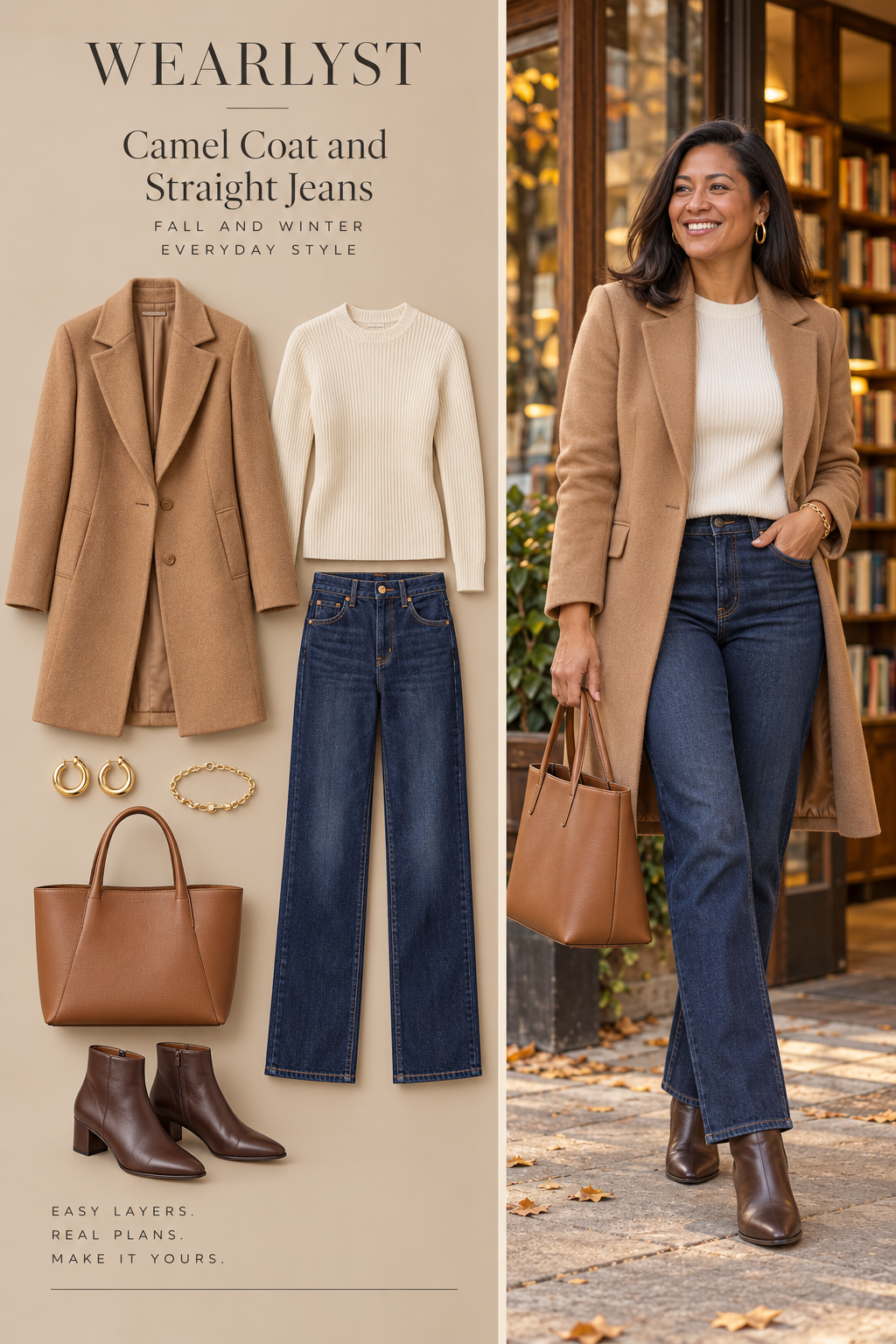 camel wool coat, ivory merino sweater, indigo straight-leg jeans