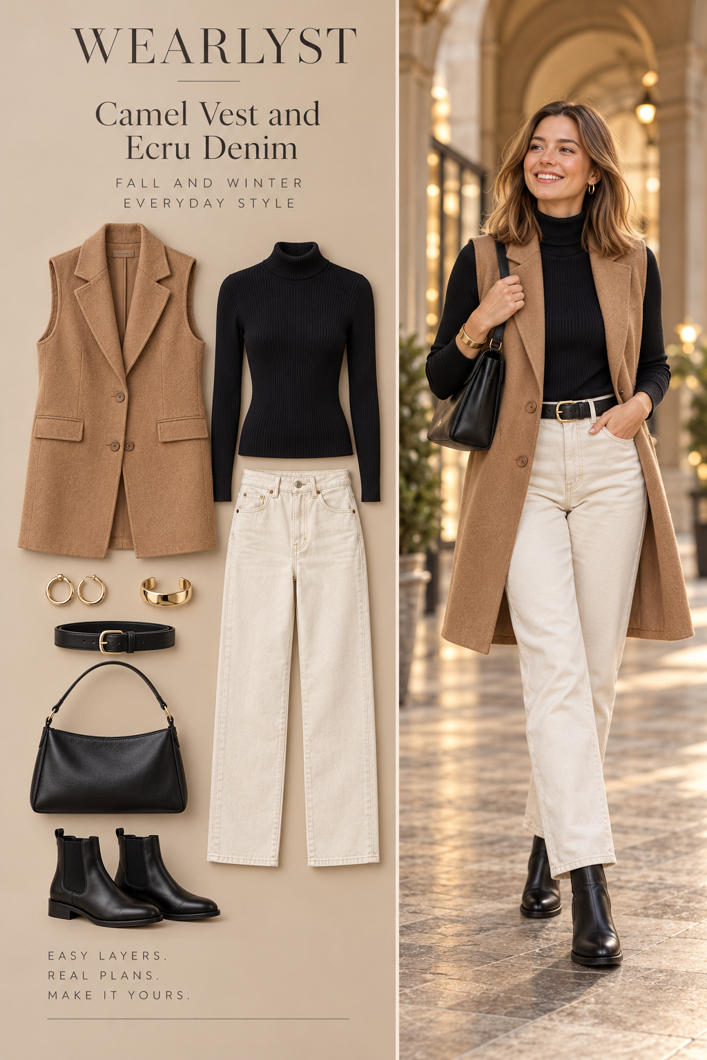 camel longline wool-blend vest, black merino turtleneck, ecru straight-leg jeans