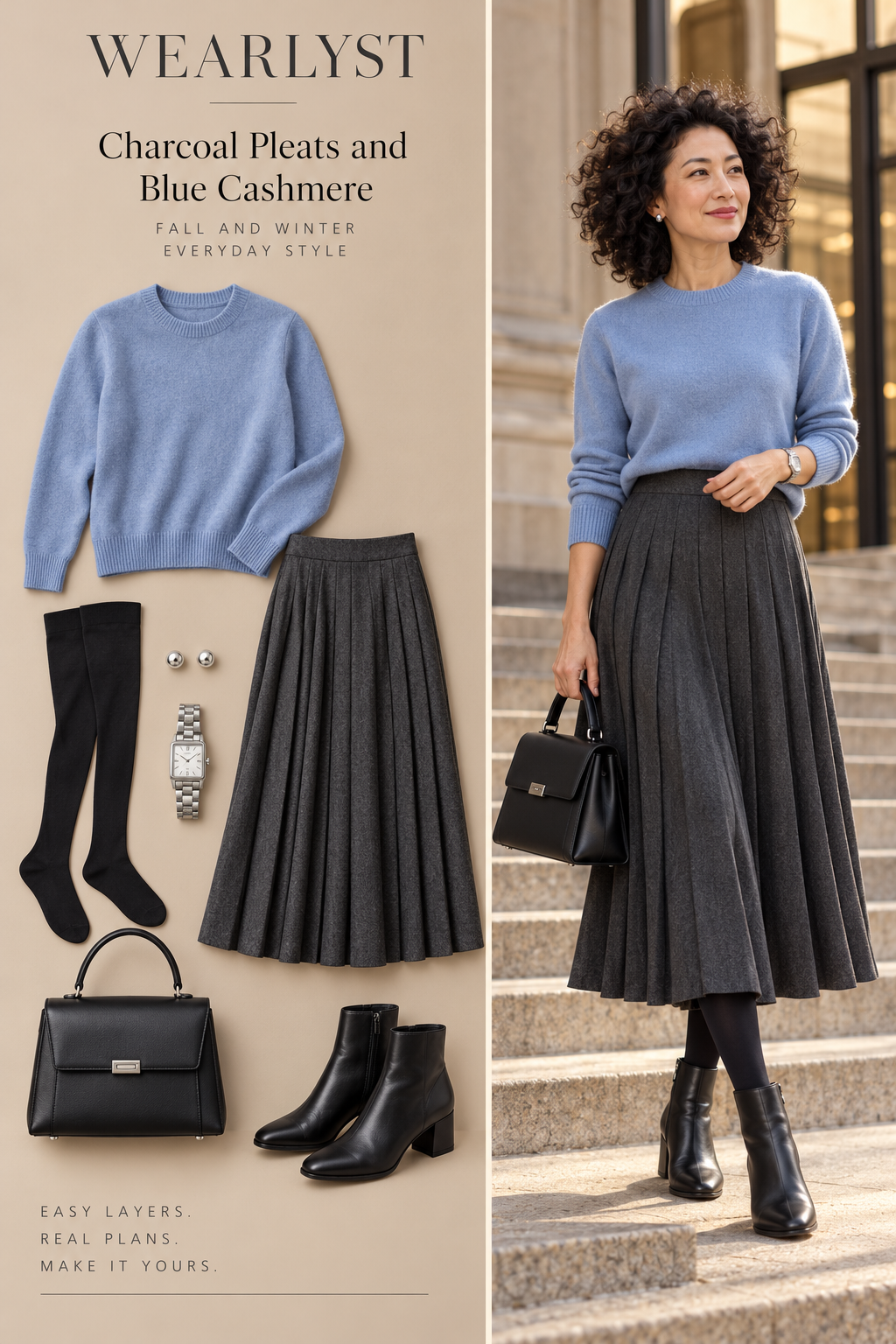 charcoal pleated wool-blend midi skirt, powder-blue cashmere sweater, black opaque tights