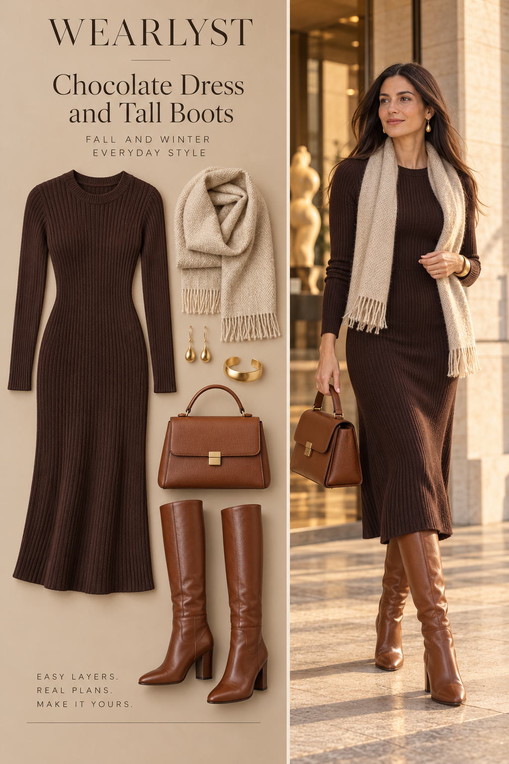 chocolate ribbed wool-blend midi dress, oatmeal wool scarf, gold drop earrings