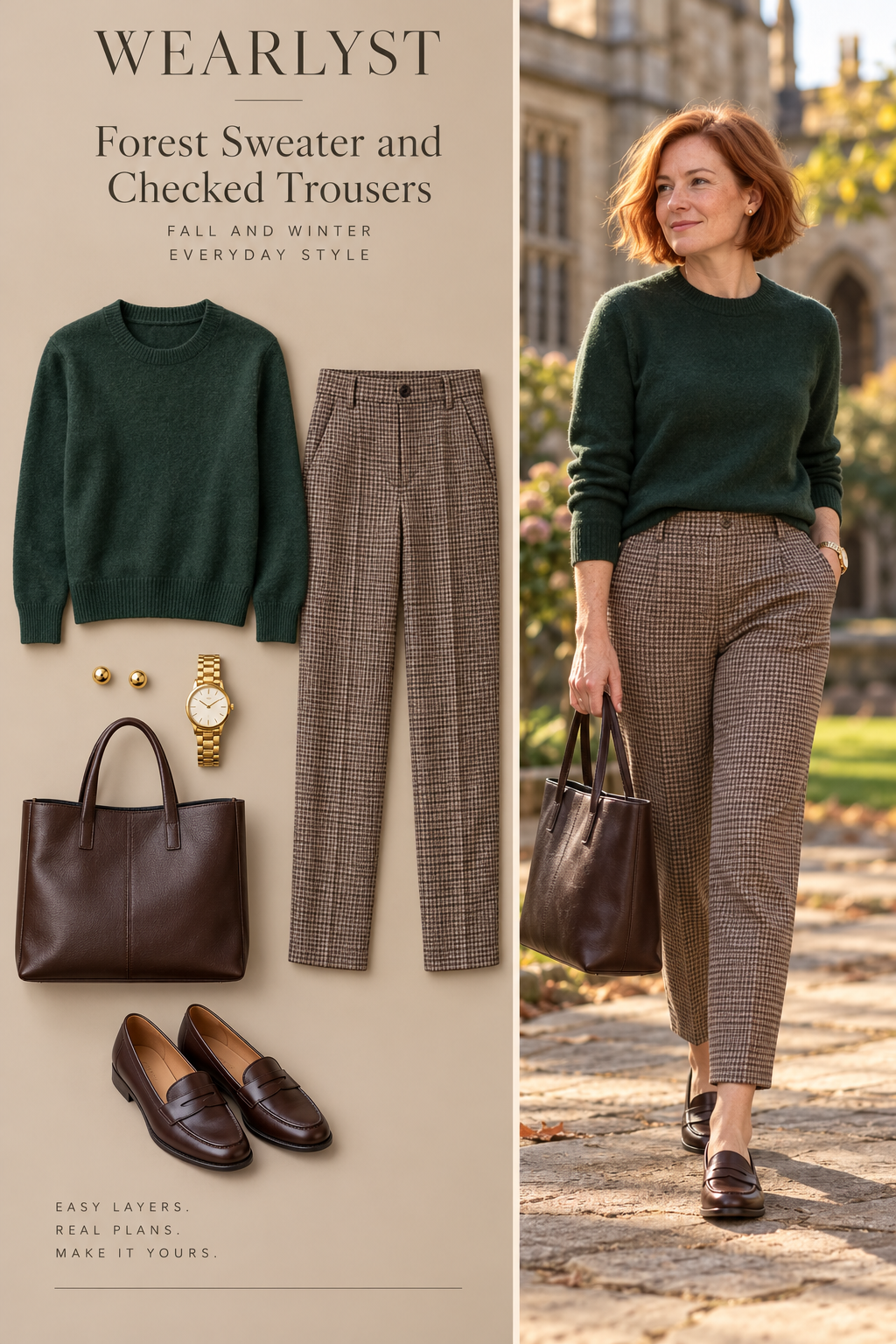 forest-green wool sweater, brown-and-cream checked tapered wool-blend trousers, gold studs