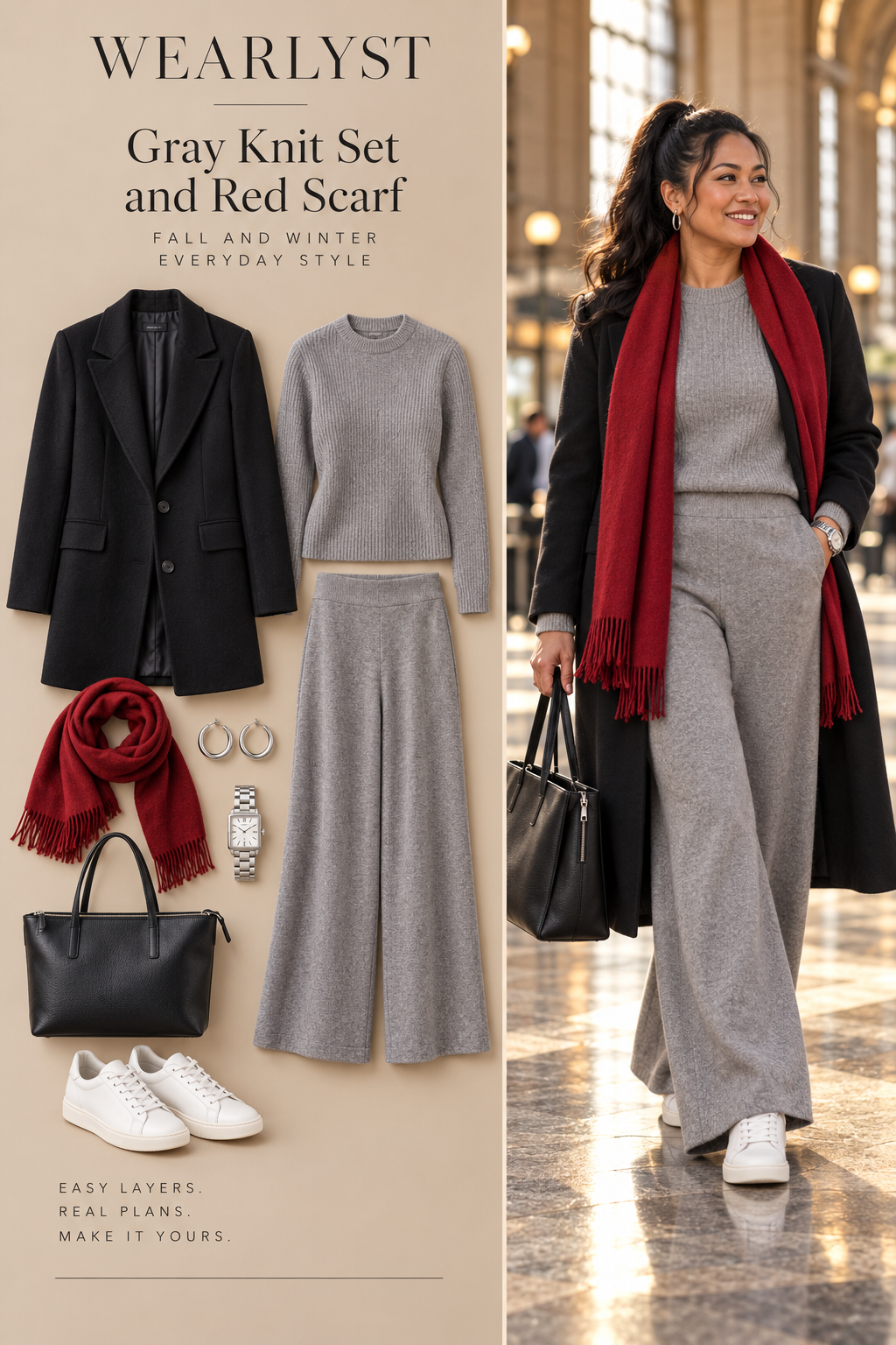 dove-gray wool-blend sweater, matching dove-gray wide-leg knit pants, black wool coat