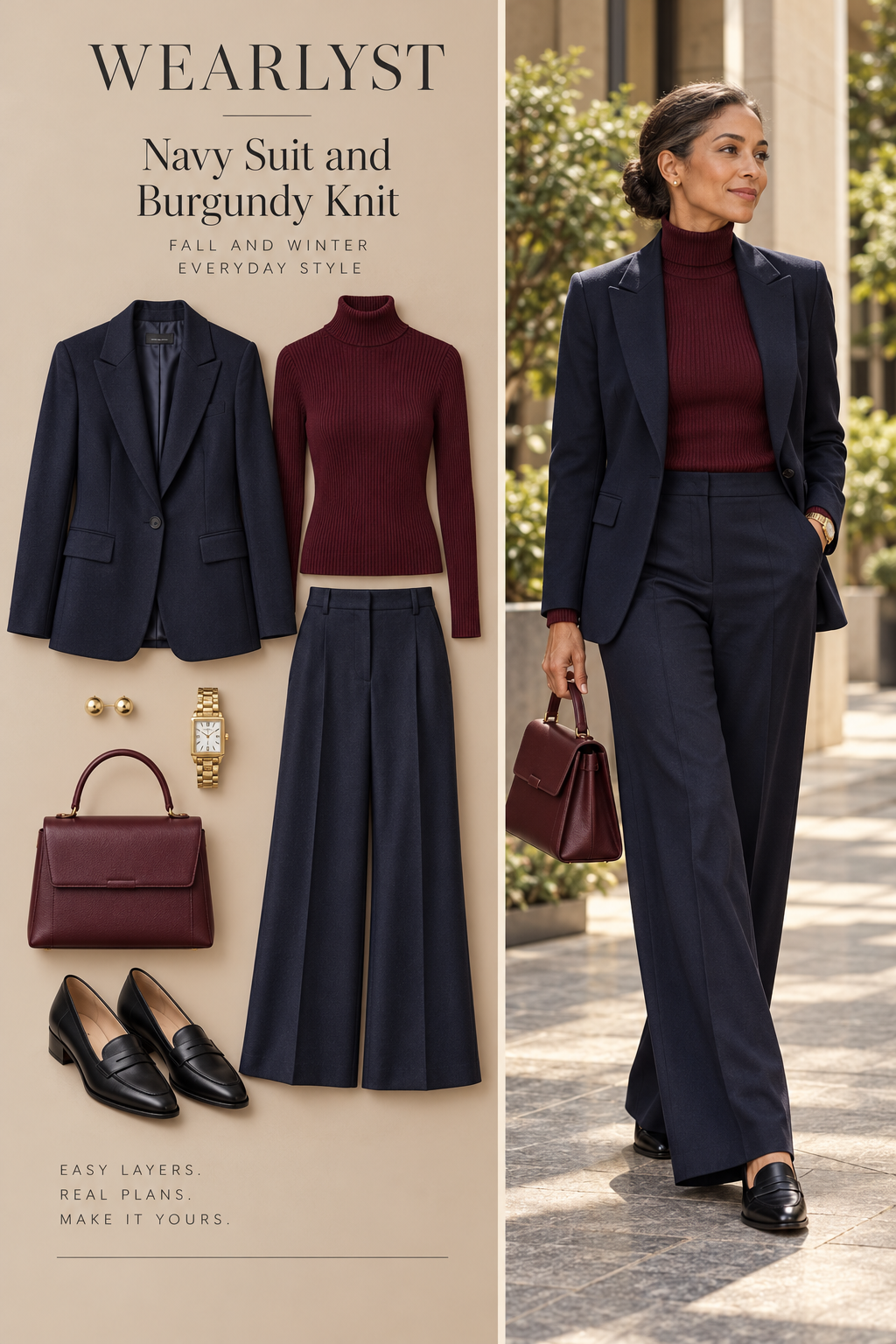 navy wool-blend blazer, matching navy wide-leg trousers, burgundy merino turtleneck