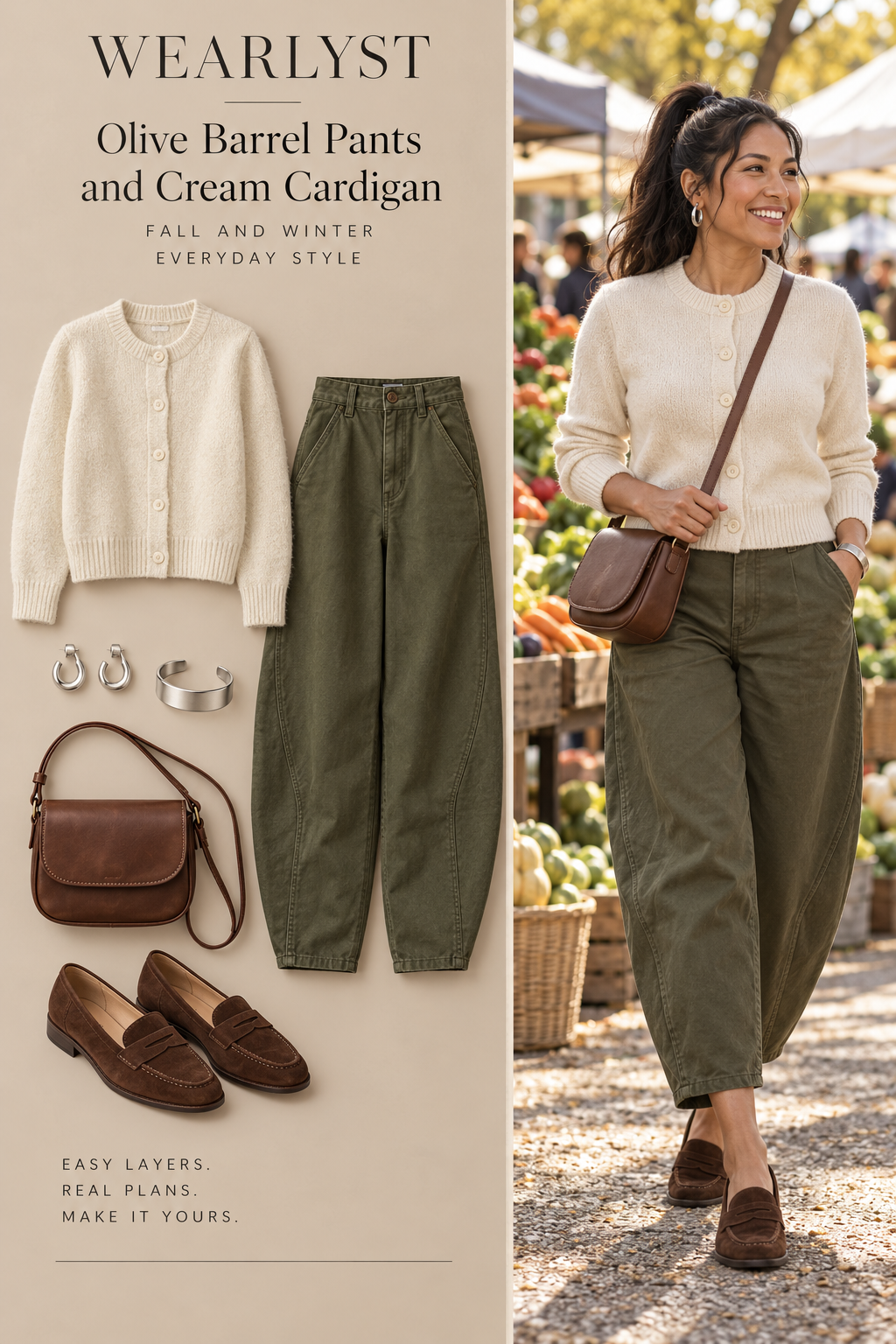 olive cotton-twill barrel pants, cream wool cardigan, silver hoops
