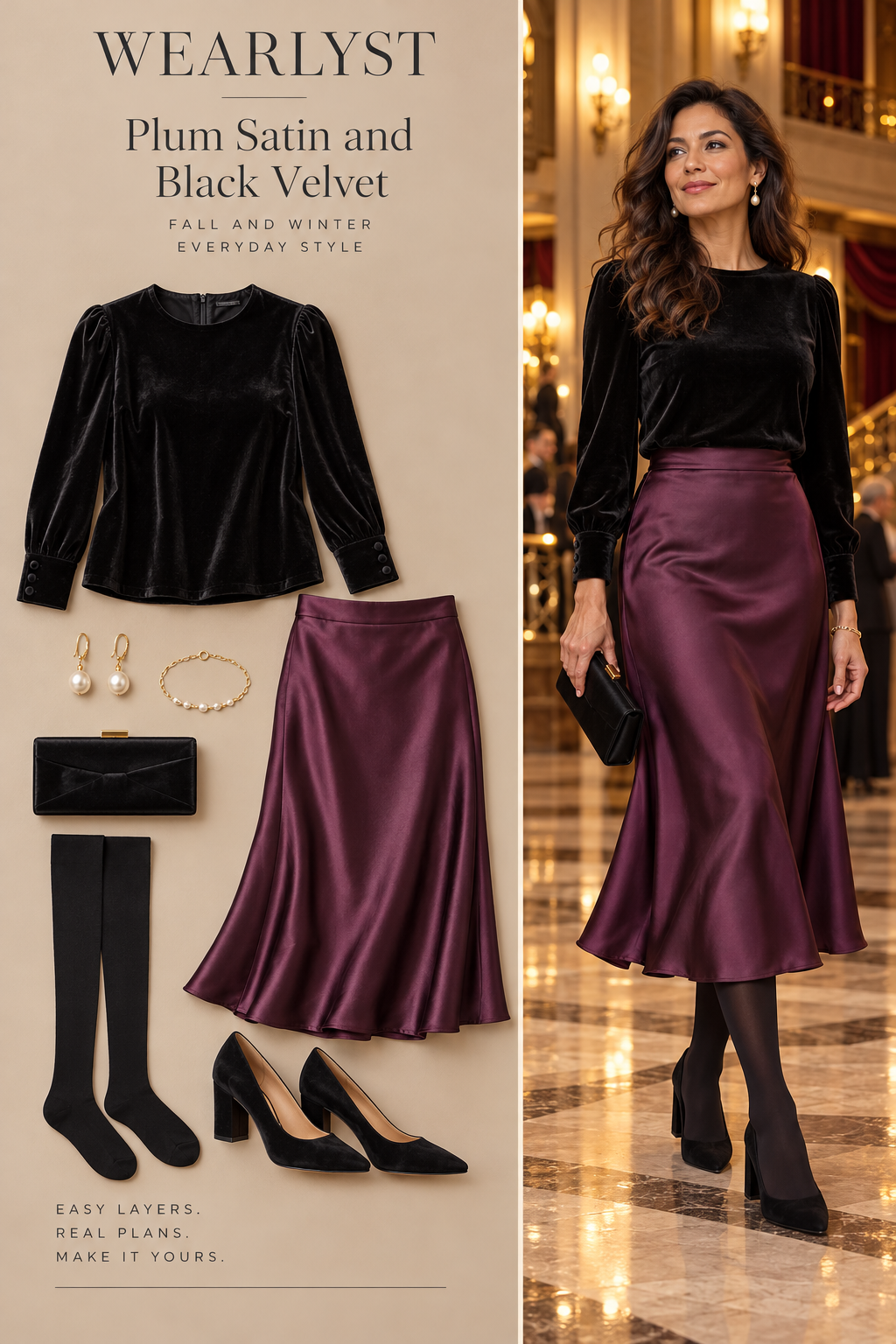 plum satin midi skirt, black velvet long-sleeve blouse, black opaque tights