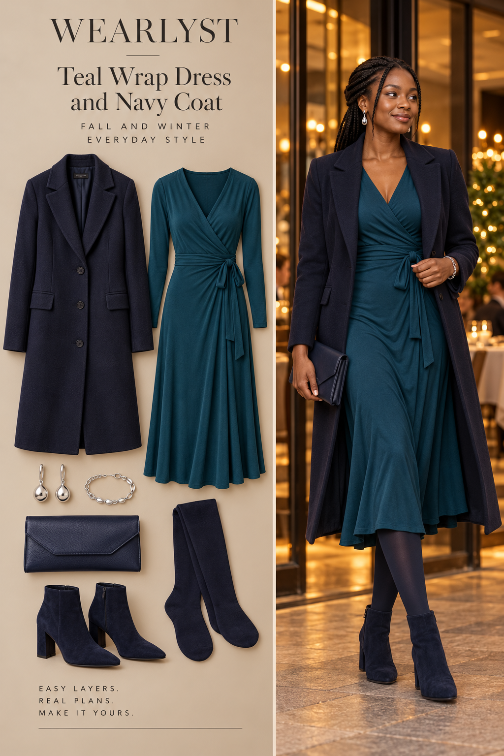 deep-teal long-sleeve jersey wrap midi dress, navy wool coat, navy opaque tights