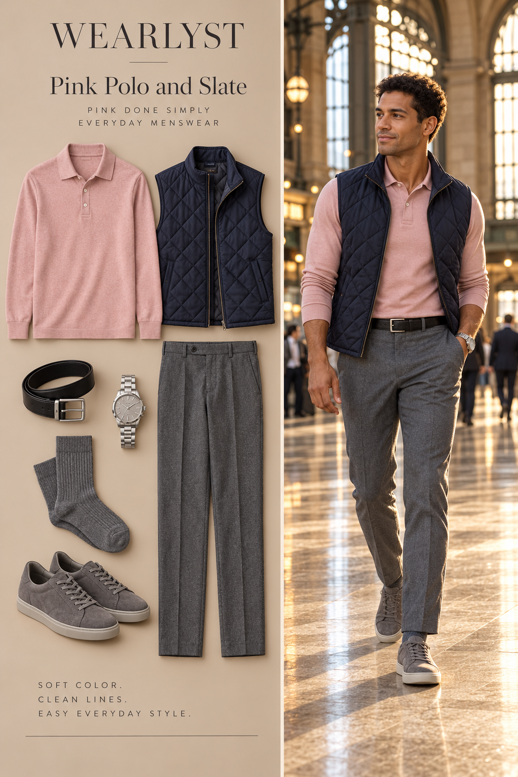 Pink Polo and Slate outfit for men