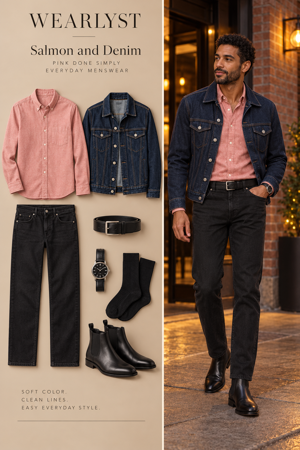 Salmon and Denim outfit for men