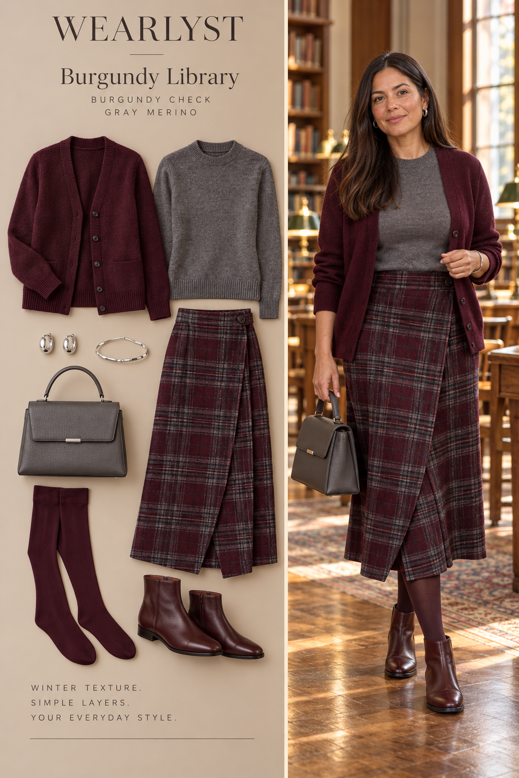 burgundy and gray plaid wool wrap midi skirt, a gray merino crewneck sweater