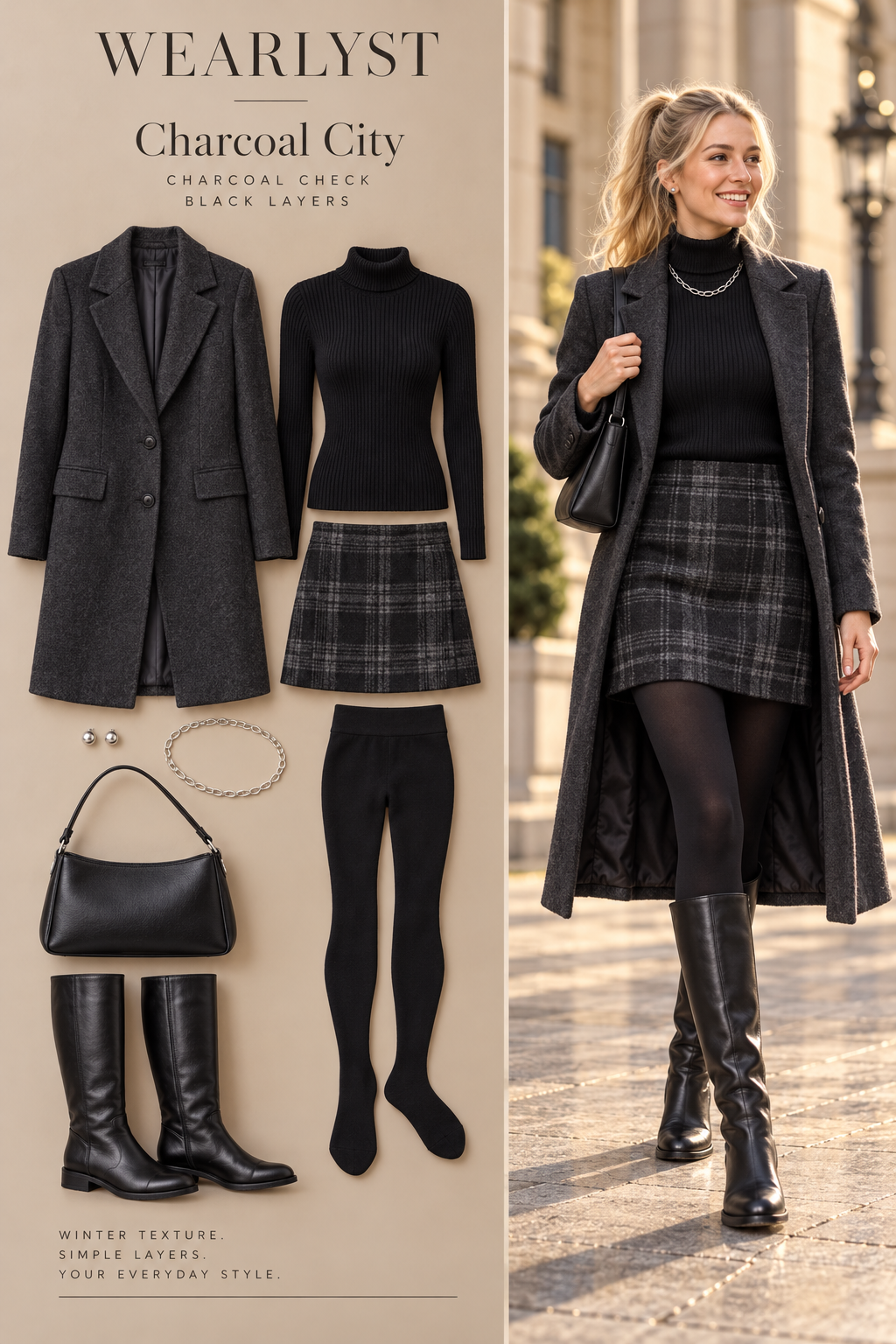 charcoal and black plaid wool mini skirt, a black ribbed cashmere turtleneck