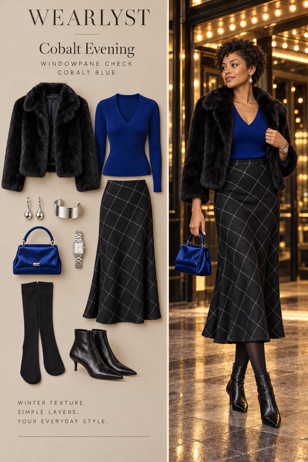 black and white windowpane wool bias-cut midi skirt, a cobalt blue merino fitted V-neck sweater