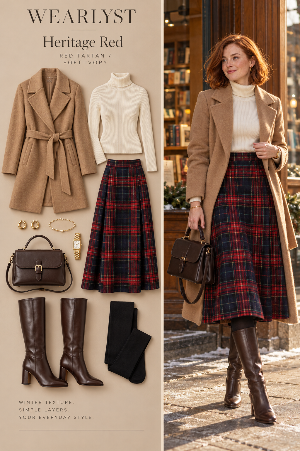red and navy tartan wool A-line midi skirt, an ivory merino turtleneck