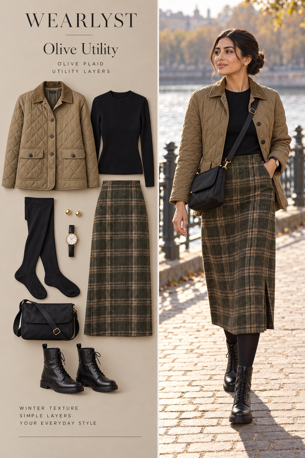 an olive and tan plaid wool straight midi skirt with a back walking slit, a black cotton long-sleeve crewneck top