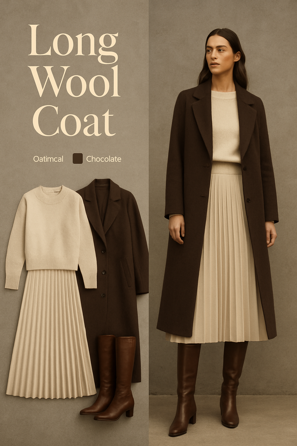 Oatmeal pleated maxi skirt with a long chocolate brown wool coat and boots