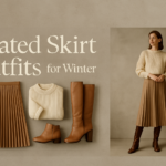 Elegant woman in a camel pleated midi skirt with a cream sweater and boots