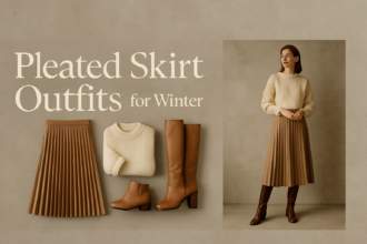 Elegant woman in a camel pleated midi skirt with a cream sweater and boots