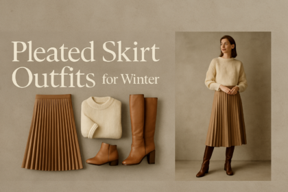 Elegant woman in a camel pleated midi skirt with a cream sweater and boots