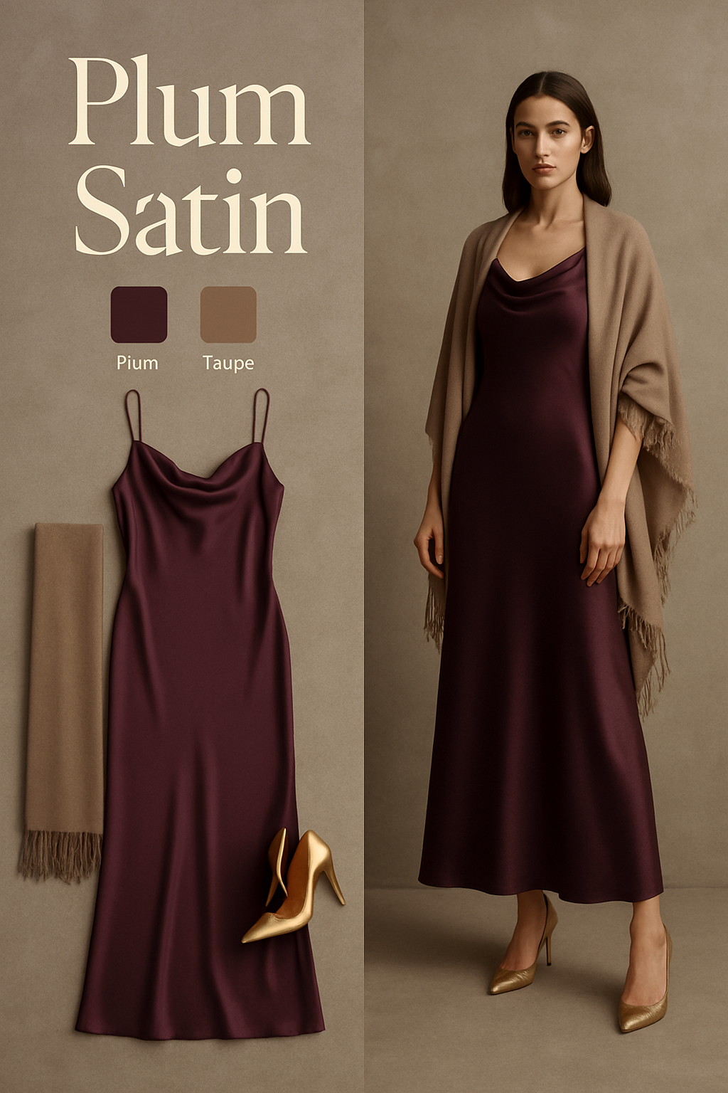 Plum satin maxi dress with a taupe pashmina shawl
