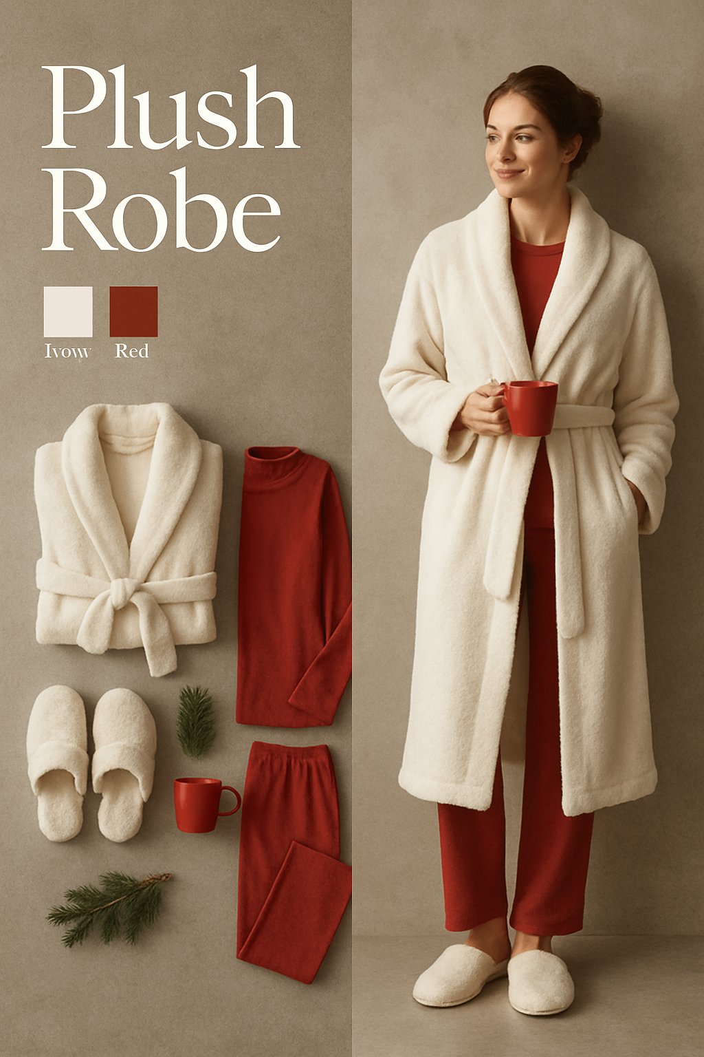 Plush robe over Christmas pajamas for women, a cozy holiday morning look
