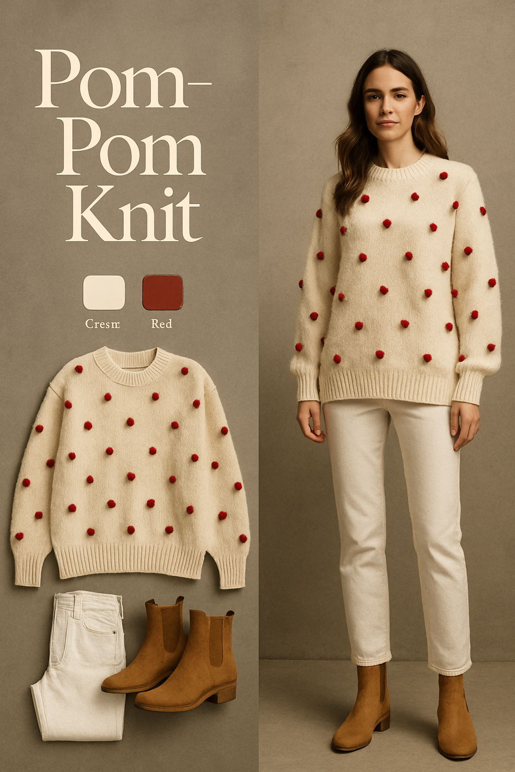 Cream Christmas sweater with red pom-poms and white jeans