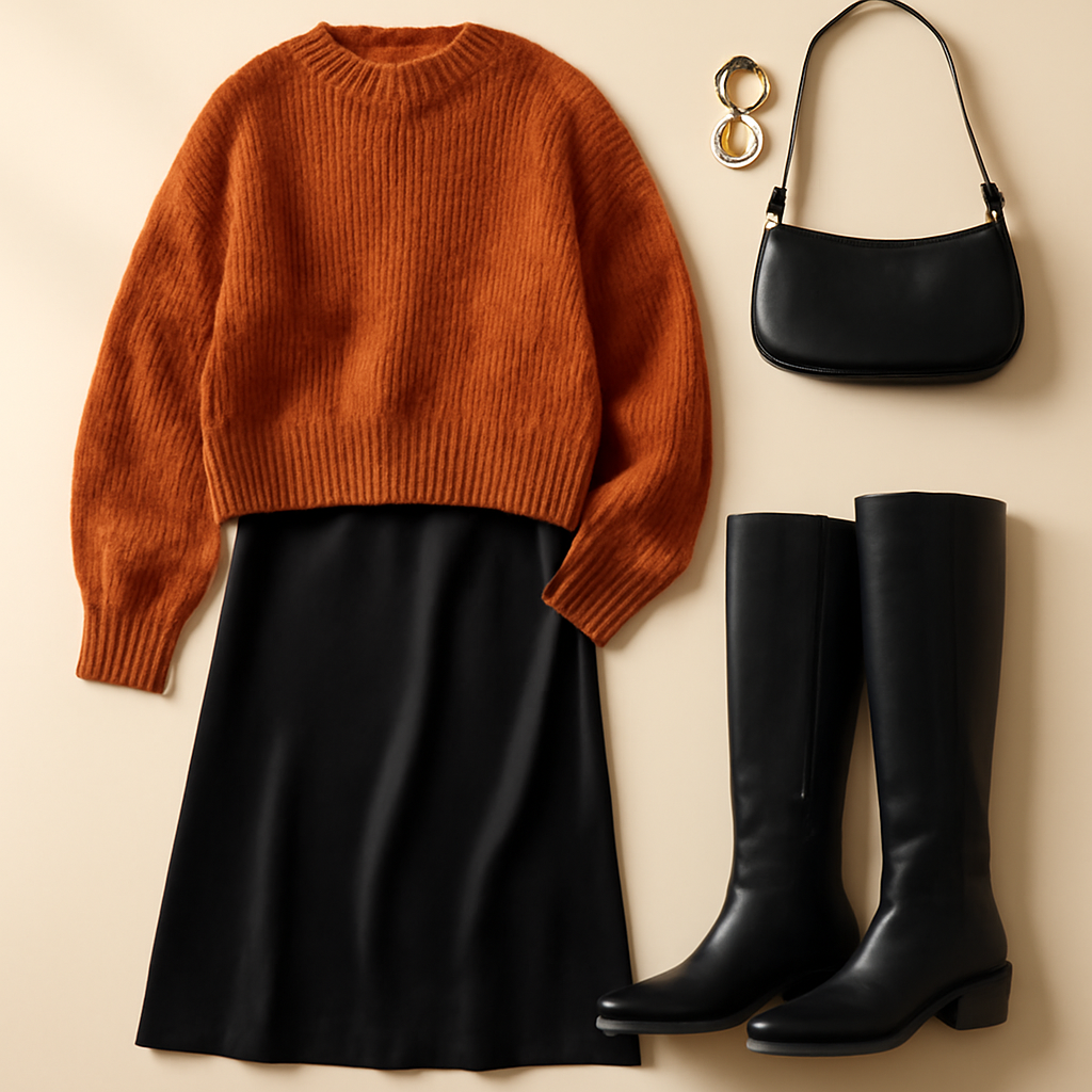 Pumpkin Spice Halloween outfit: burnt orange chunky sweater with black satin slip skirt, black boots and gold hoops