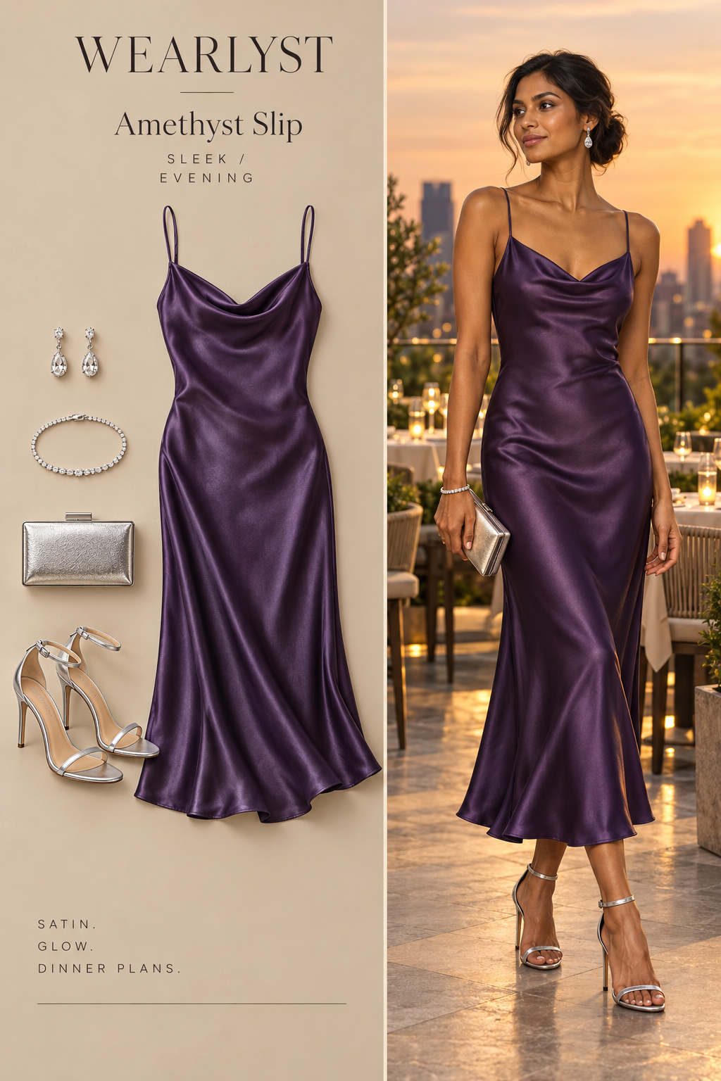 Amethyst satin midi dress with silver heels and clutch