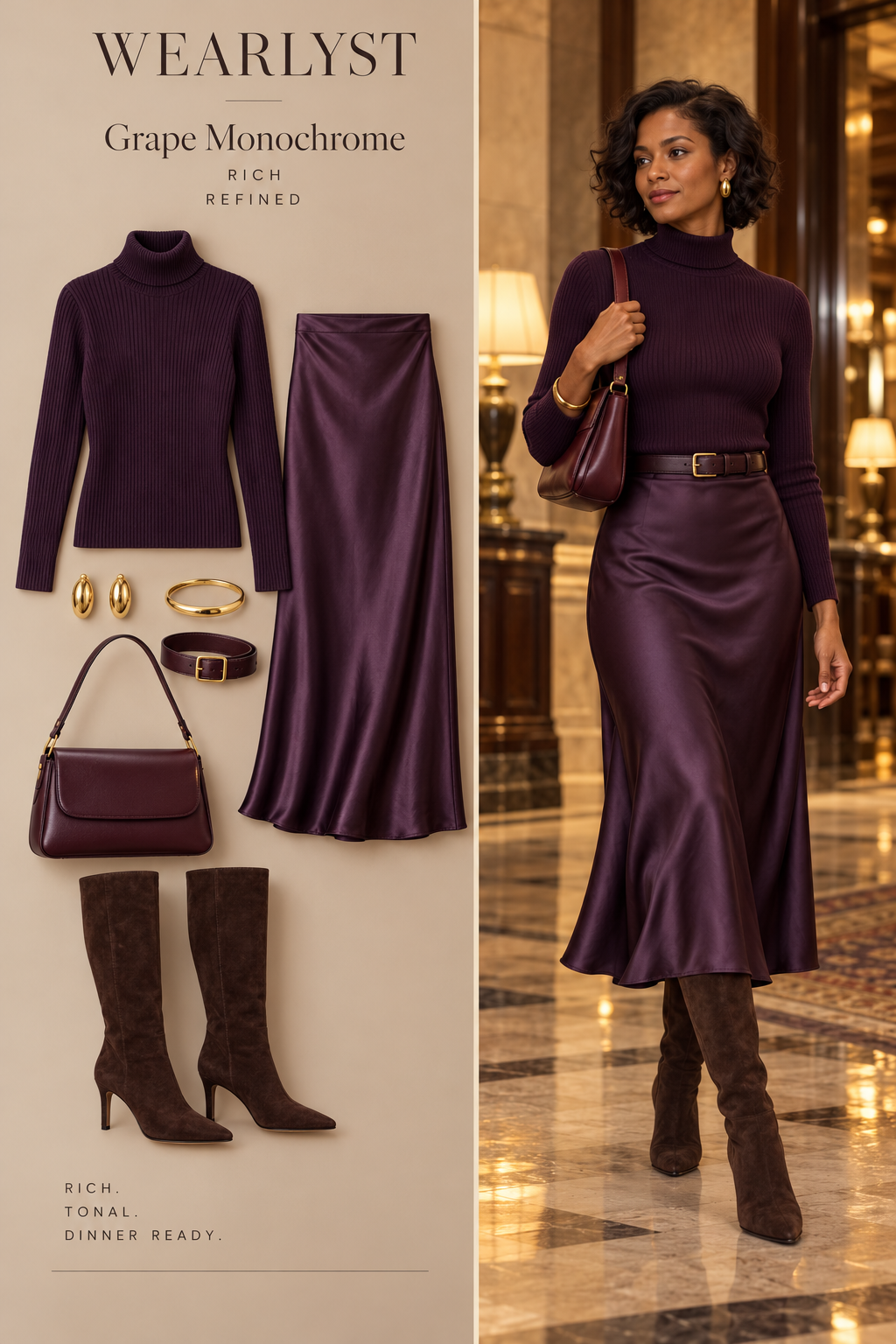 Deep purple turtleneck with plum midi skirt and knee boots