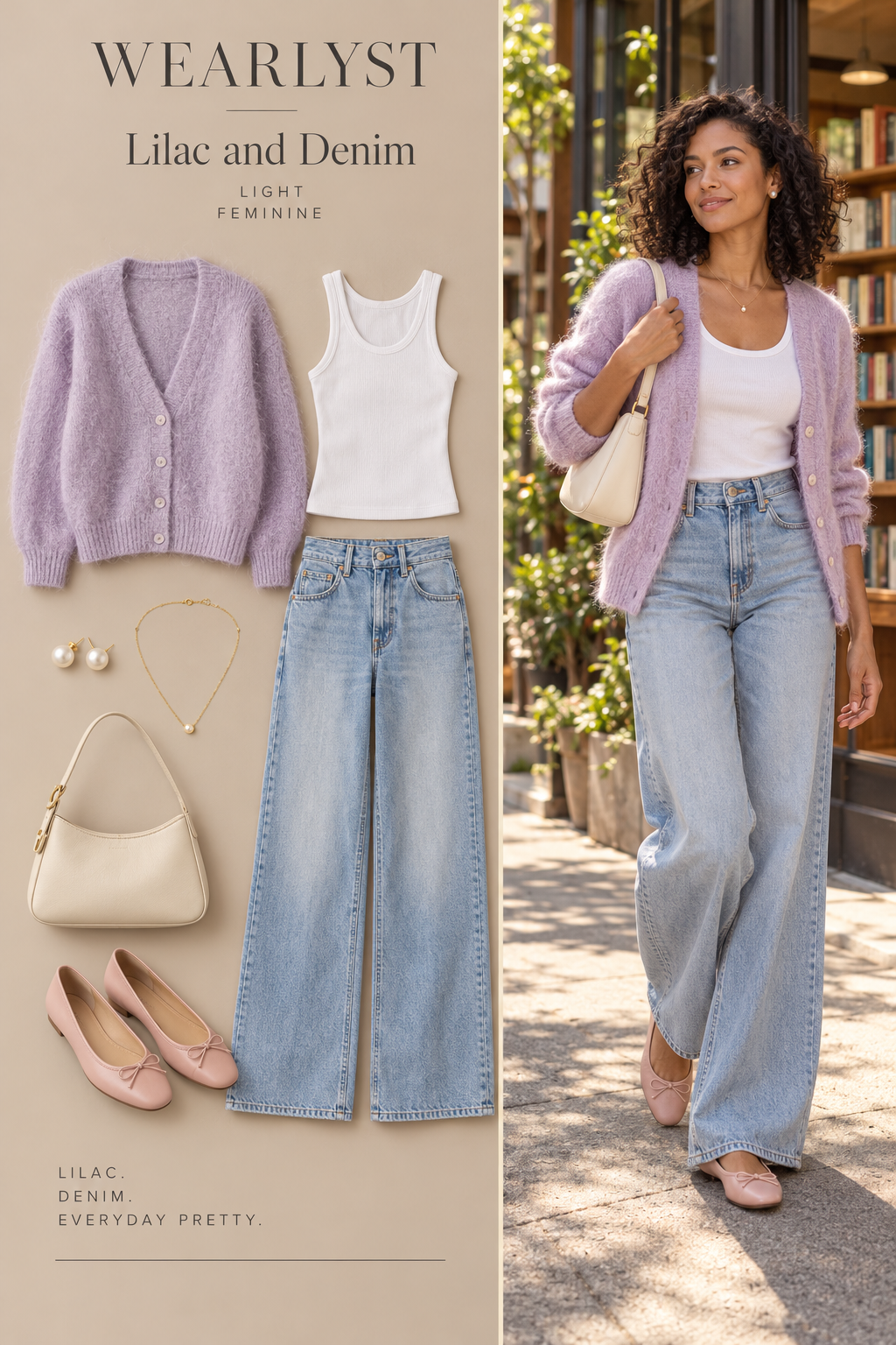 Lilac cardigan with blue jeans and ballet flats