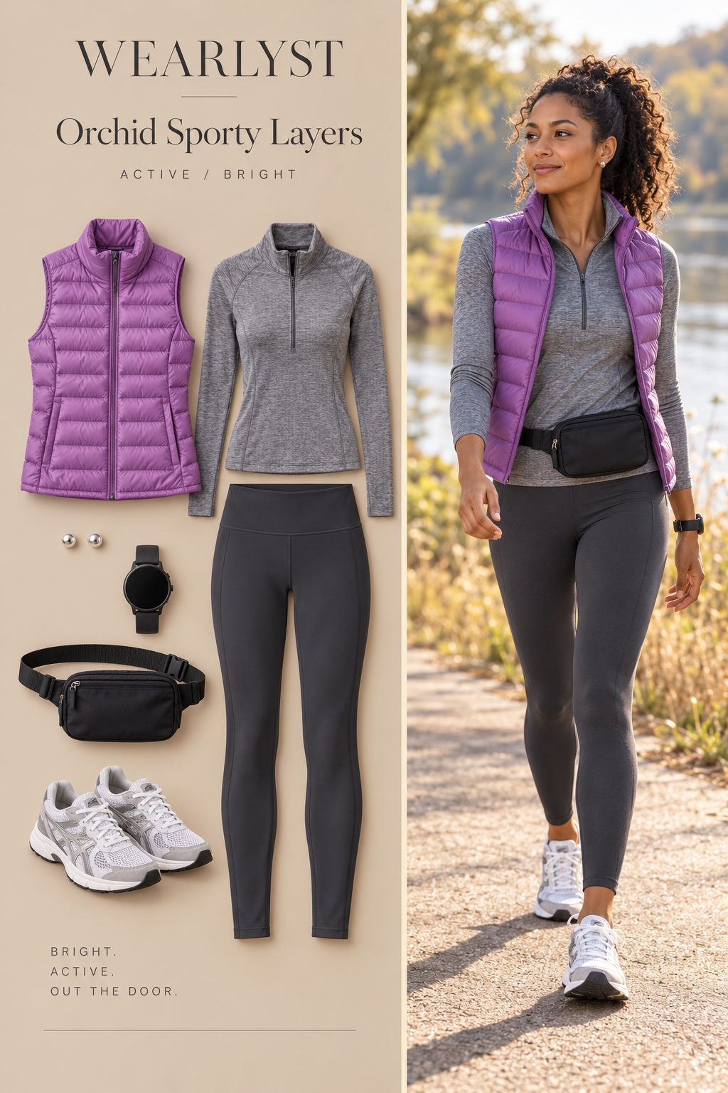 Orchid puffer vest with gray leggings and running shoes