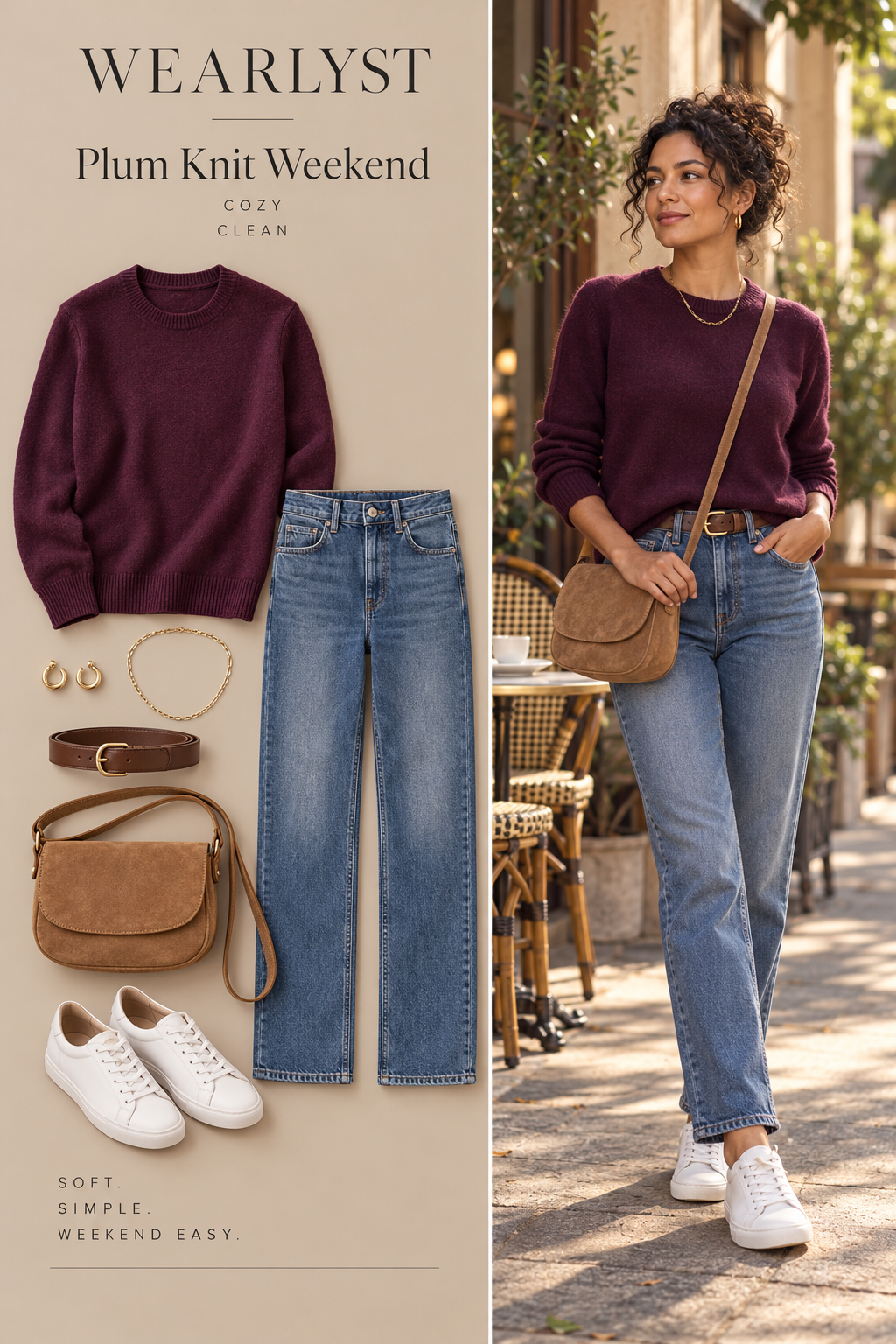 Plum cashmere sweater with medium-wash jeans and white sneakers