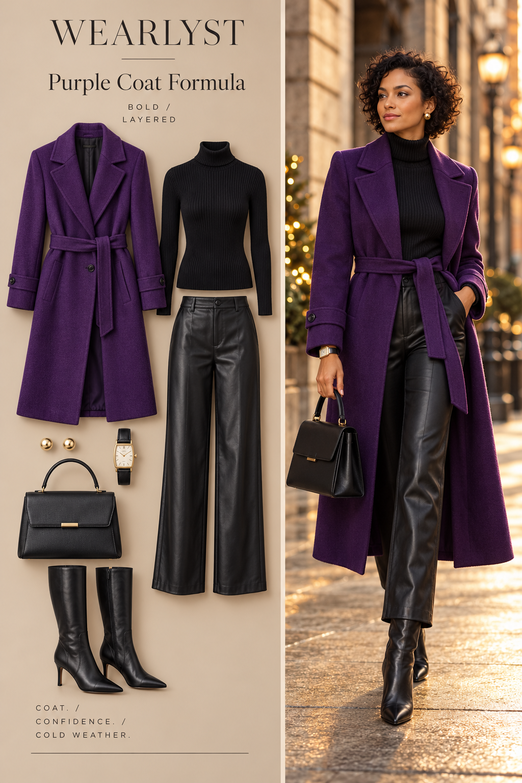 Purple wool coat with black turtleneck and leather trousers