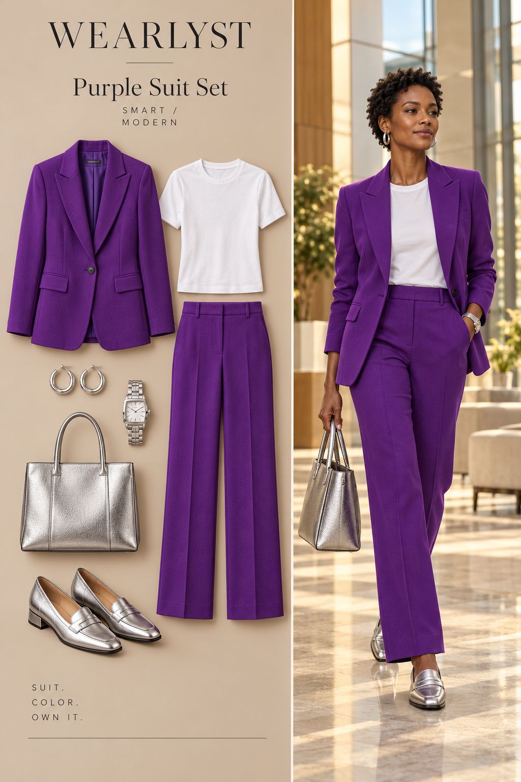 Purple pantsuit with white tee and metallic loafers
