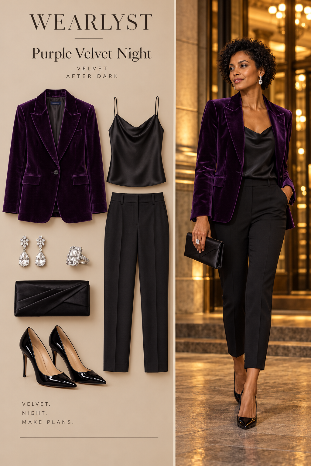 Purple velvet blazer with black trousers and pumps