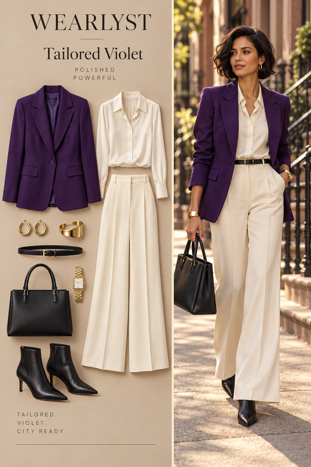 Royal purple blazer with ivory trousers and black ankle boots