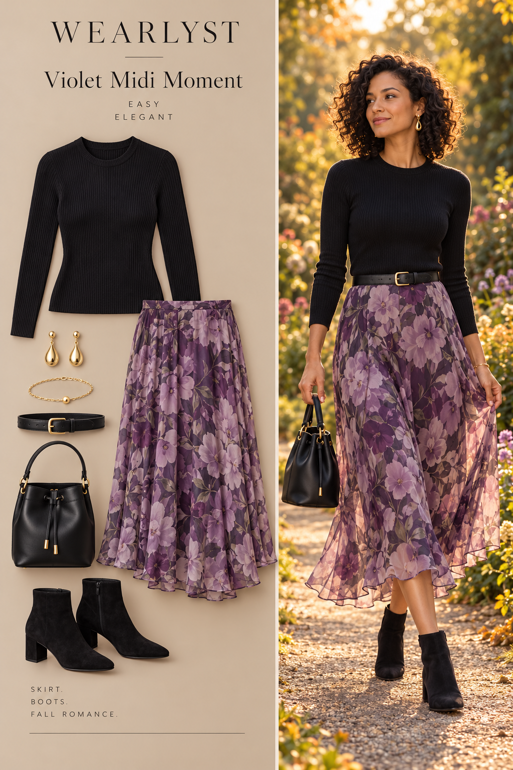 Violet floral midi skirt with black knit and ankle boots