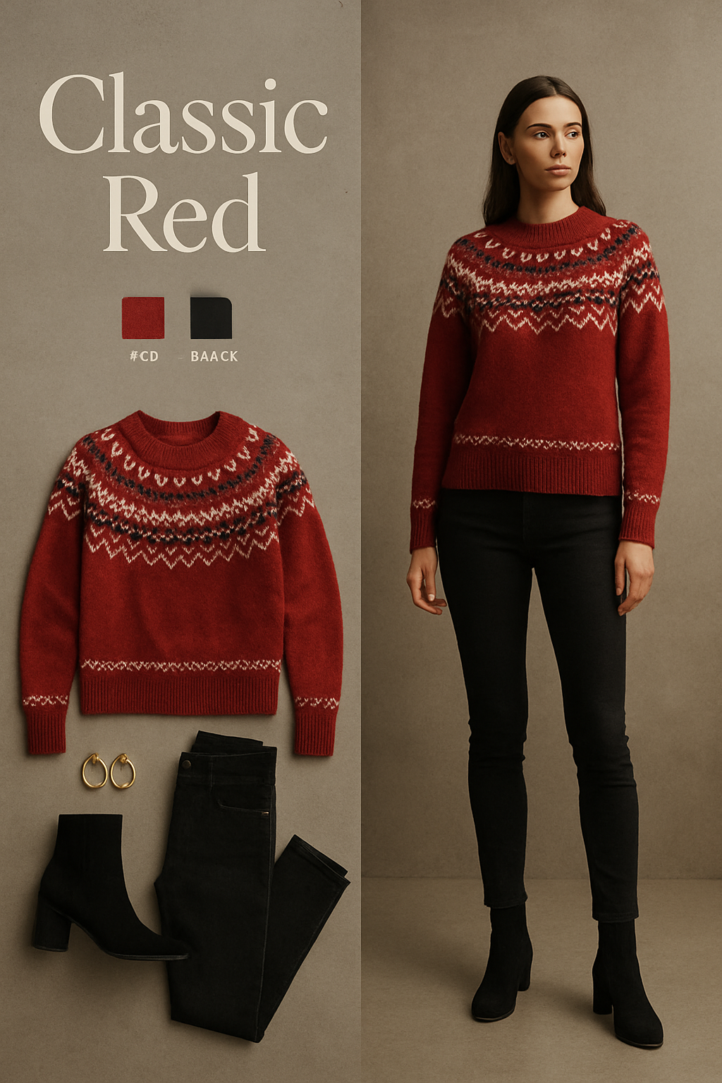 Red Fair Isle Christmas sweater with black jeans and ankle boots