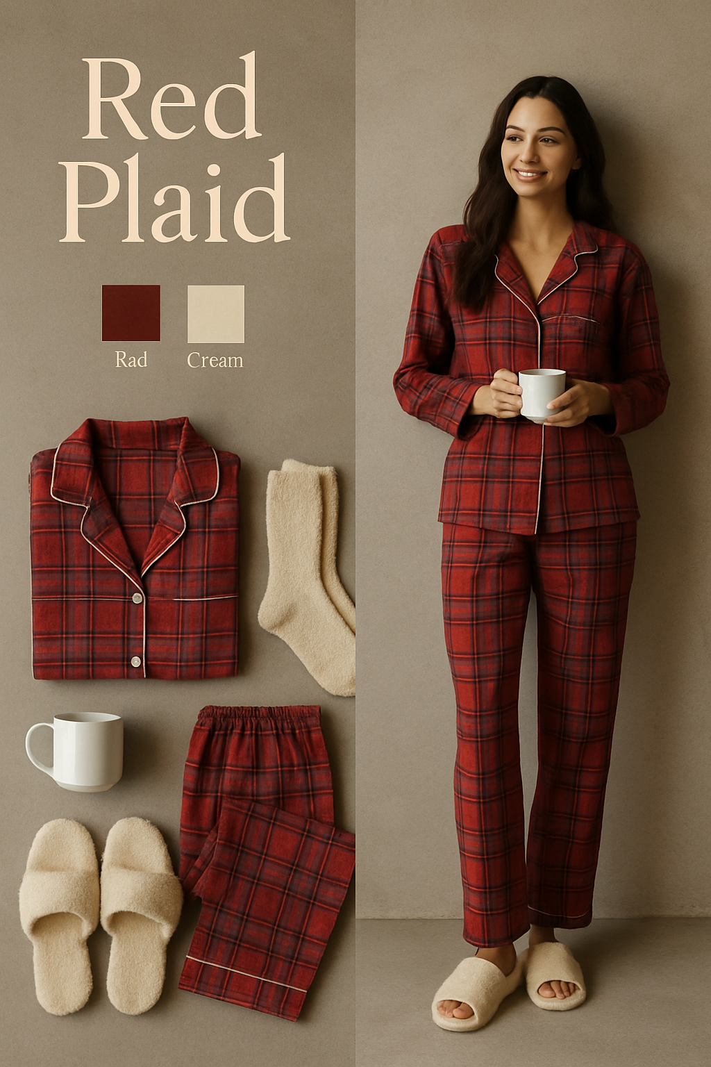 Red plaid flannel Christmas pajamas for women with a button-up top and matching pants
