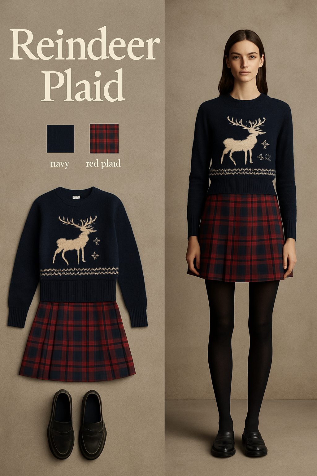 Navy reindeer Christmas sweater with a red plaid skirt and black tights