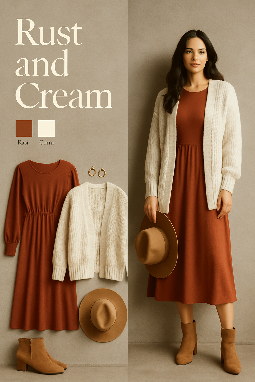 Rust and cream family photo outfit: rust midi dress with cream cardigan, tan ankle boots and felt hat
