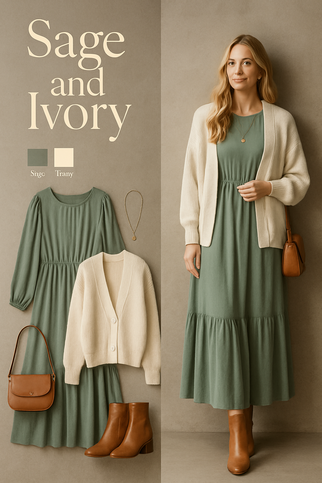 Sage and ivory family photo outfit: sage green maxi dress with ivory cardigan and tan ankle boots