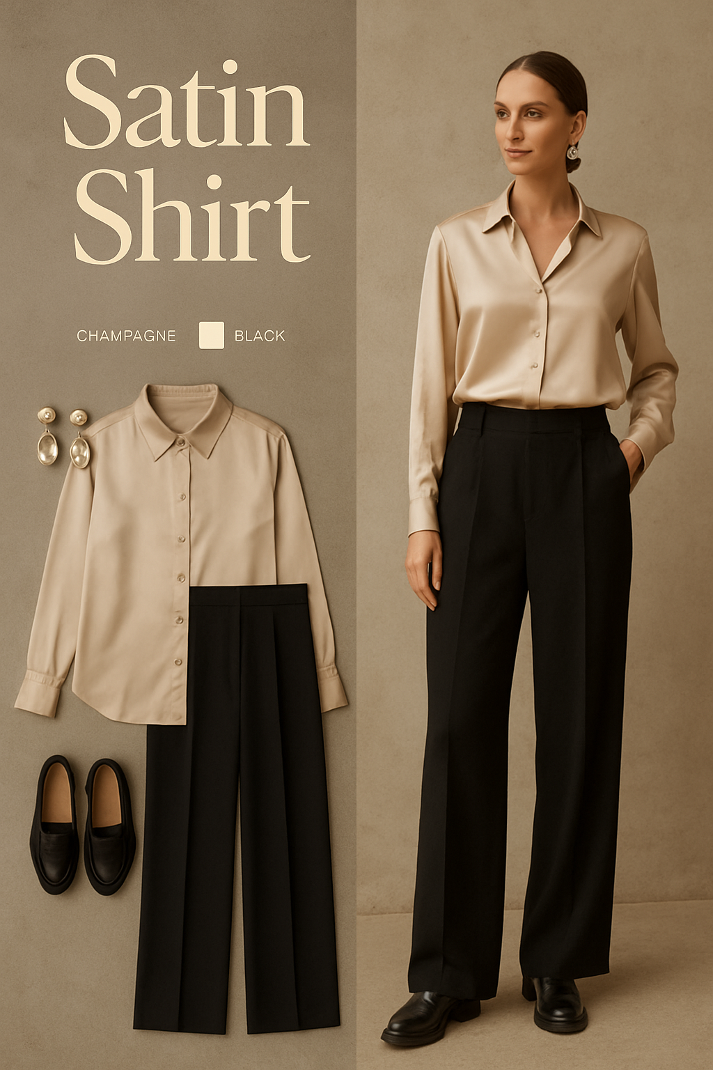 Champagne satin shirt with black wide-leg trousers and statement earrings