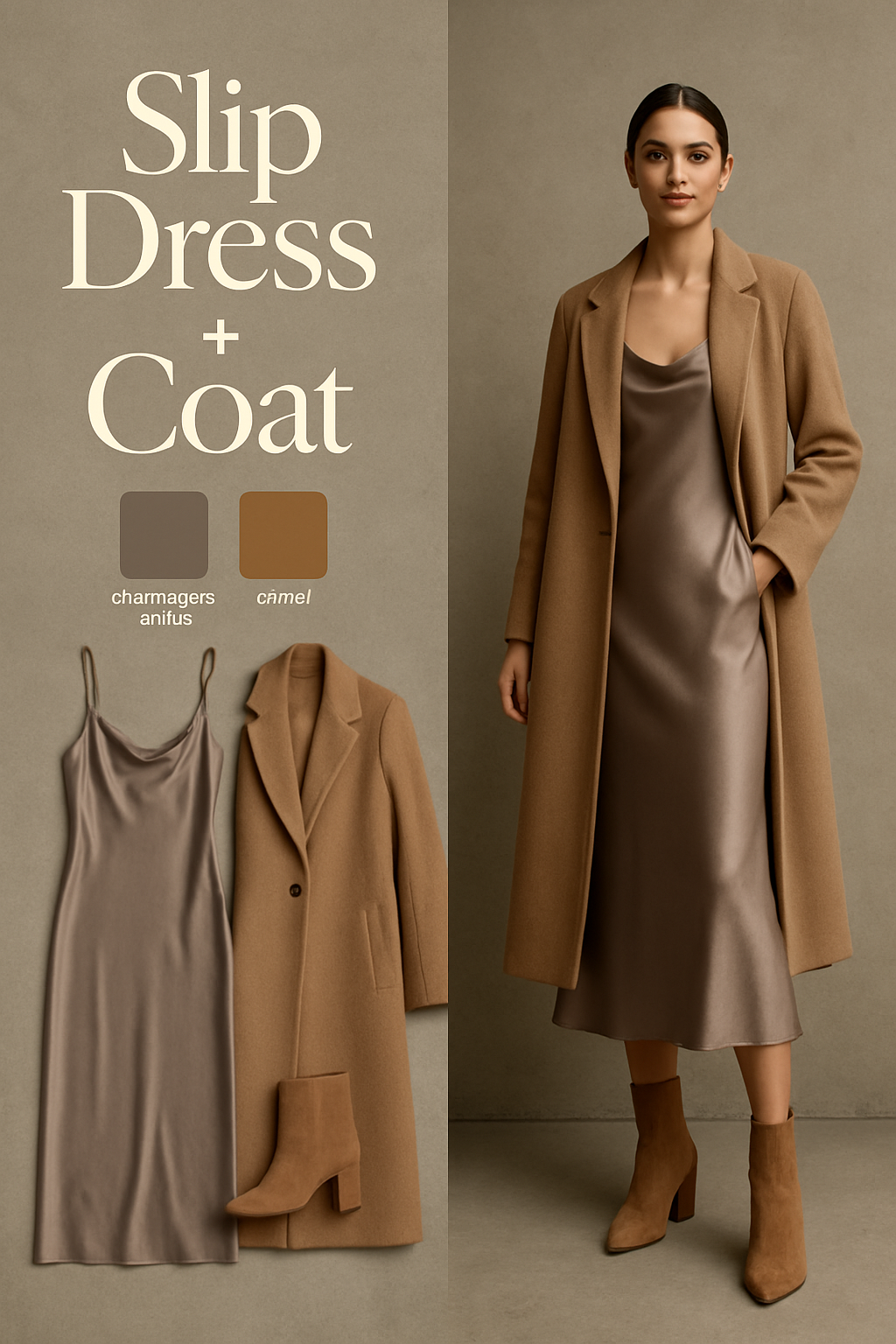 Taupe satin slip dress under a camel wool coat