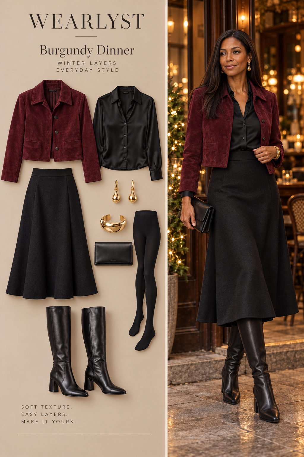 Burgundy suede jacket with black blouse, midi skirt, tights, and knee-high boots