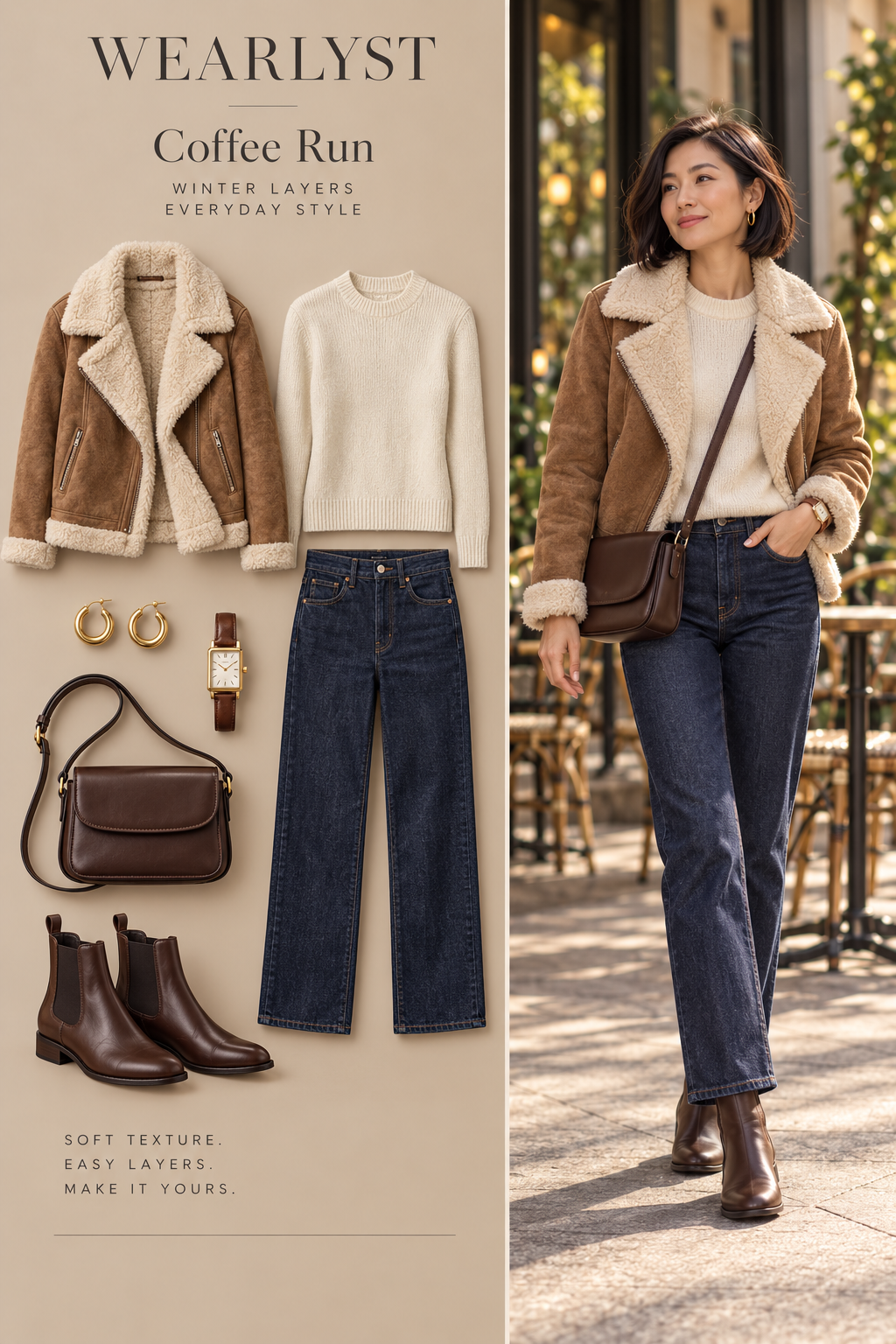 Tan shearling aviator jacket with ivory sweater, dark jeans, and brown Chelsea boots